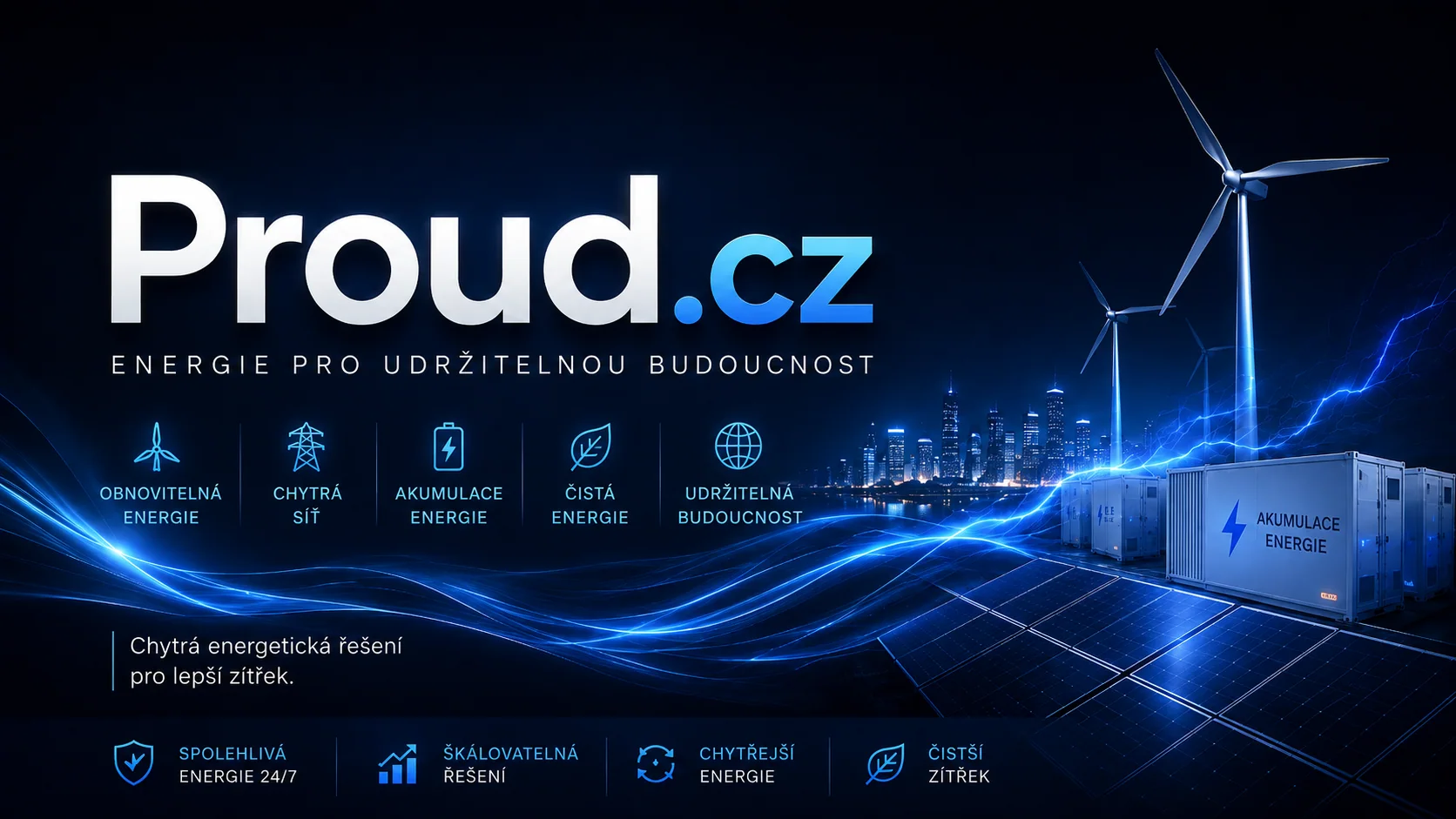 Ilustrační návrh energetického webu pro obnovitelné zdroje, chytrou síť a akumulaci na doméně Proud.cz